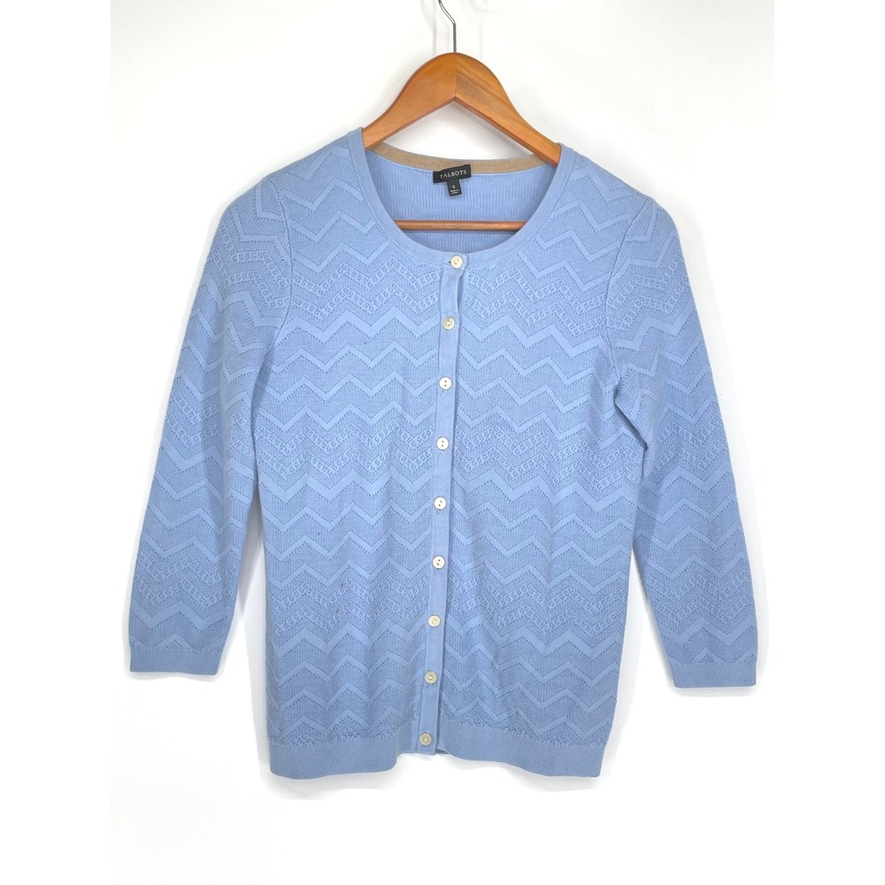 Talbots Womens Cardigan S Sweater Blue Chevron Pointelle Button Front Preppy